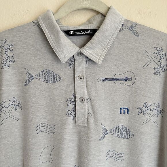 Travis Mathew Golf Polo Shirt Mens XL Gray Guitar Fish Palm Tree AOP Performance - Picture 1 of 9
